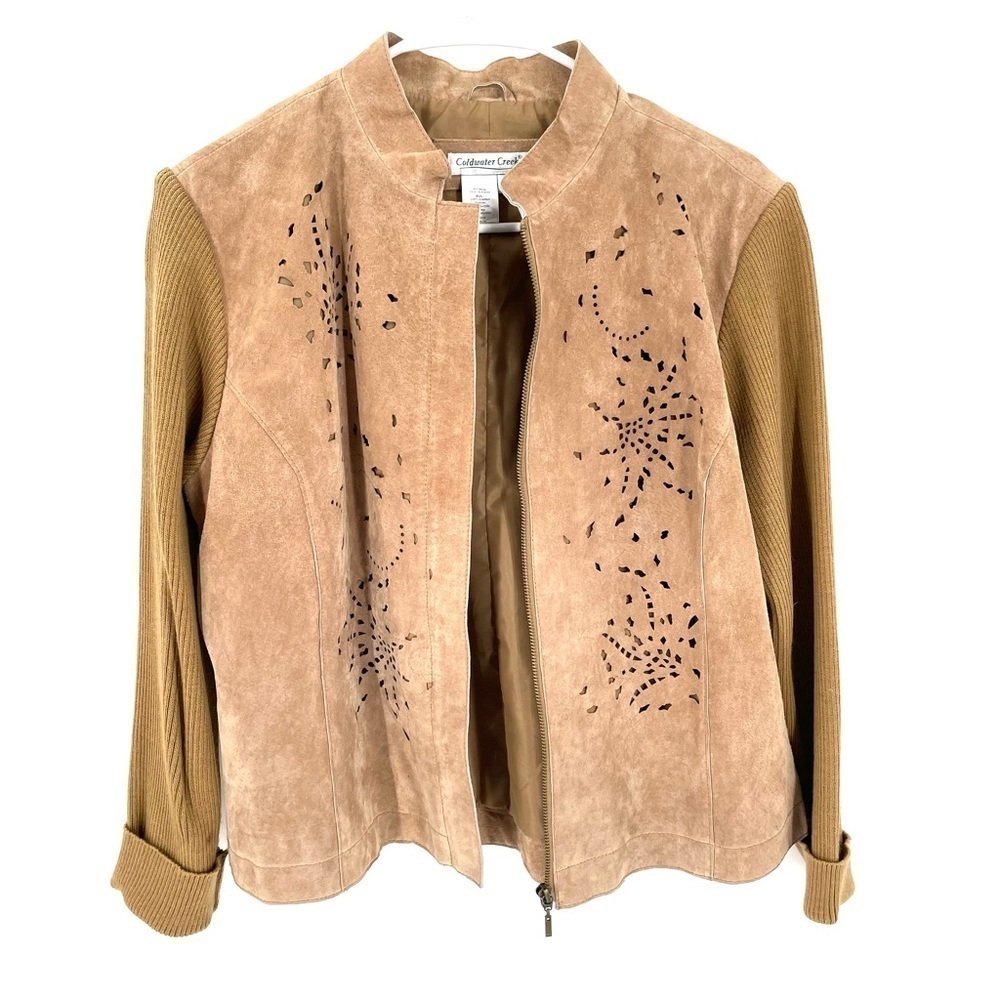 Coldwater Creek Leather Tan Heavy Sweater Western Laser Cut Design Jacket